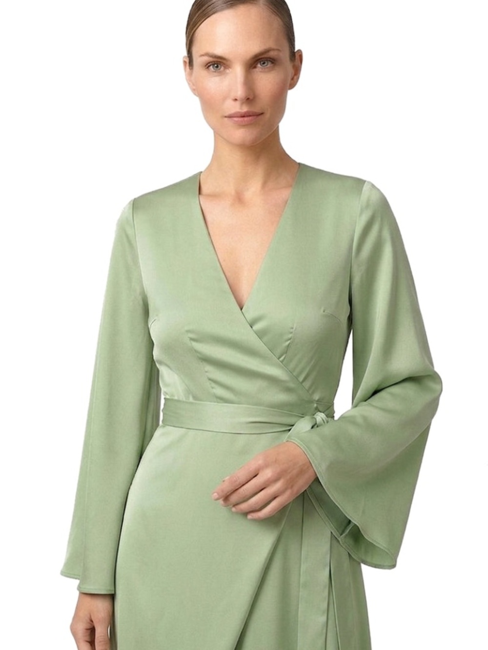 Sage Green Satin Wrap Maxi Dress Bridesmaid Wedding Guest Gown